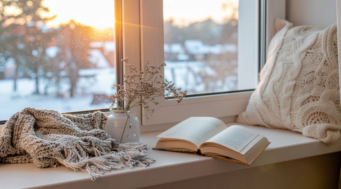 Cozy reading nook by a sunlit window featuring an open book, knitted blanket, and soft cushions, creating a peaceful space for rest, mindfulness, relaxation, and everyday wellbeing.