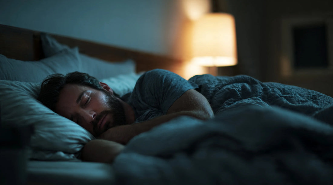 Man sleeping peacefully in a dimly lit bedroom at night, representing deep rest, recovery, and the importance of quality sleep for nervous system balance and overall wellbeing.