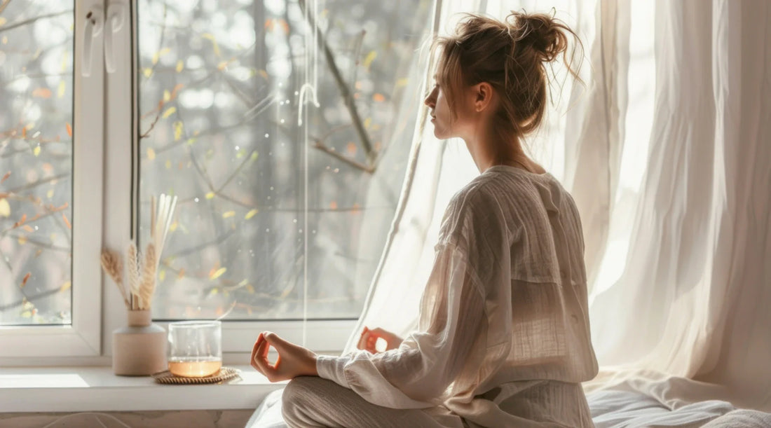 A woman sitting cross-legged by a softly lit window, meditating in calm morning light, symbolising mindfulness, inner balance, and the daily rituals that nurture long-term wellness.