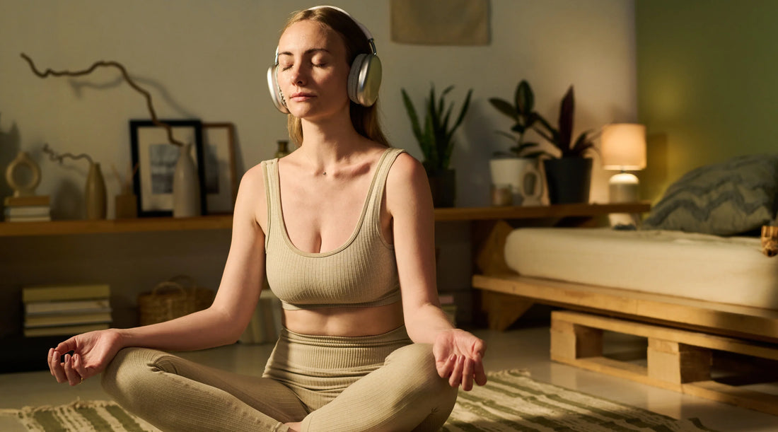 Woman meditating peacefully with headphones in a calm, softly lit room, symbolising nervous system soothing, mindful slowing down, and awareness of the body’s subtle signals as explored in Swan & Mantis’ “Your Body’s Whisper” wellness blog.