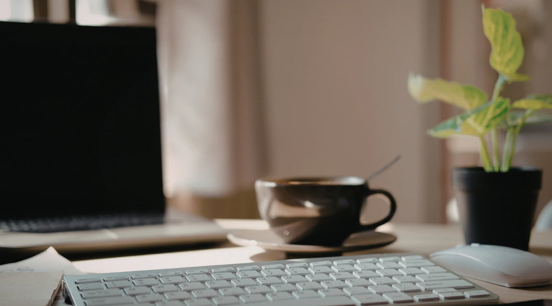 Minimalist workspace with keyboard, laptop, coffee cup, and indoor plant in soft natural light, representing calm productivity, balanced lifestyle, mindful work habits, and sustainable daily wellness routine.