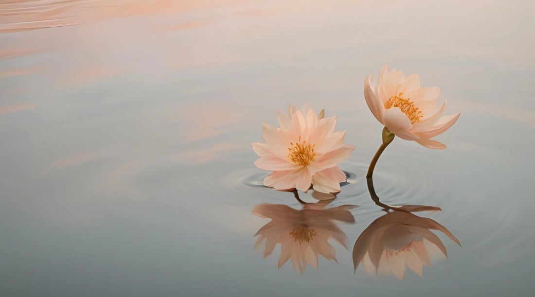 Soft pink lotus flowers floating on still water, representing calm mental clarity, reduced overwhelm, and creating space for focus in a distracted world.