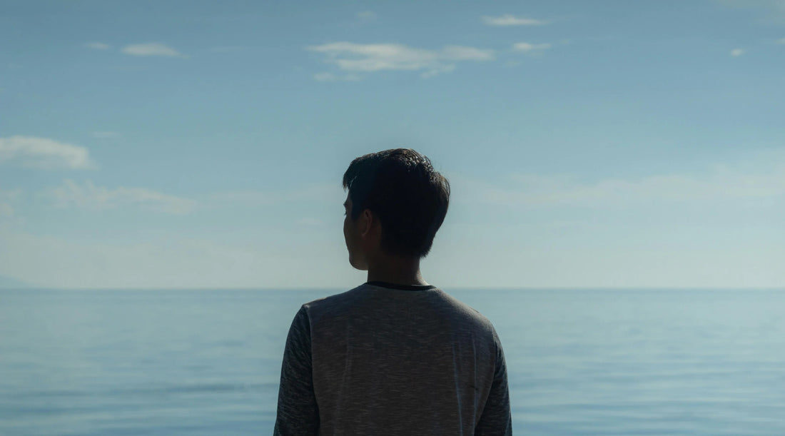 Person standing by the ocean looking at the horizon, representing calm reflection and nervous system balance.