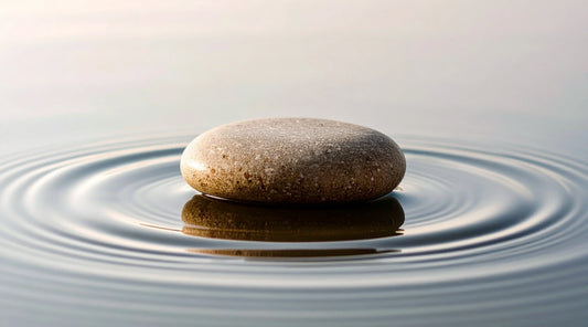 Smooth stone on rippling water representing calm, balance, steady energy and spring wellbeing.